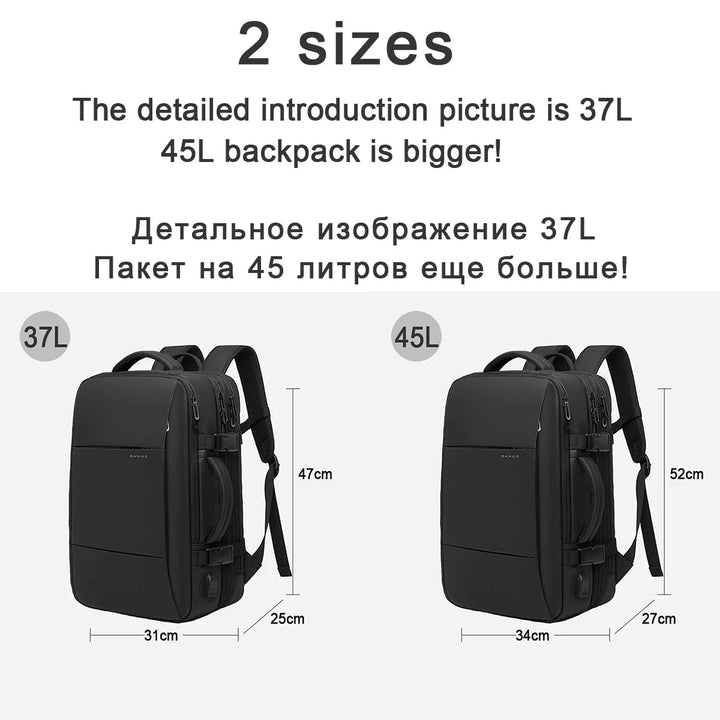 "Waterproof expandable travel backpack in black, roomy design for men and women, ideal for versatile adventures."