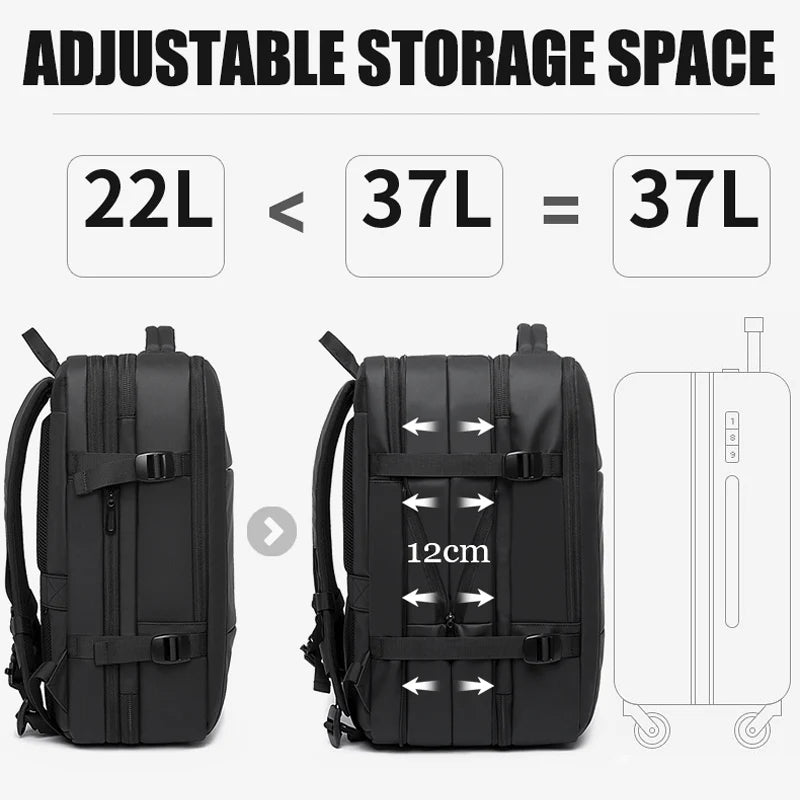 "Waterproof expandable travel backpack in black, roomy design for men and women, ideal for versatile adventures."