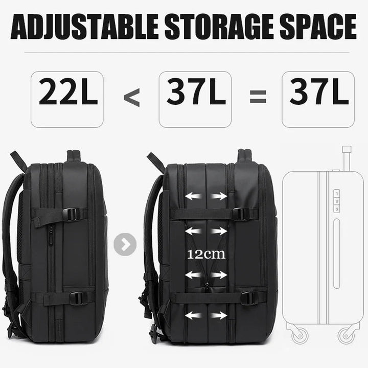 "Waterproof expandable travel backpack in black, roomy design for men and women, ideal for versatile adventures."