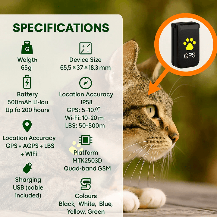 Waterproof GPS cat tracker with real-time location, white, attached to a collar, ideal for pet safety and comfort.