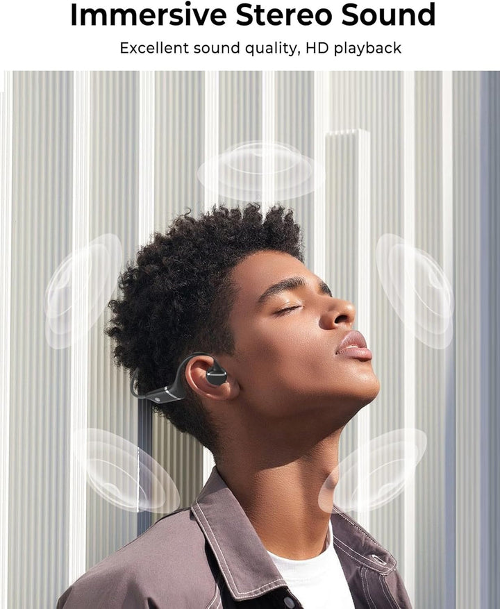 "Waterproof open-ear wireless headphones with bone conduction tech, ideal for active use, in sleek black design."