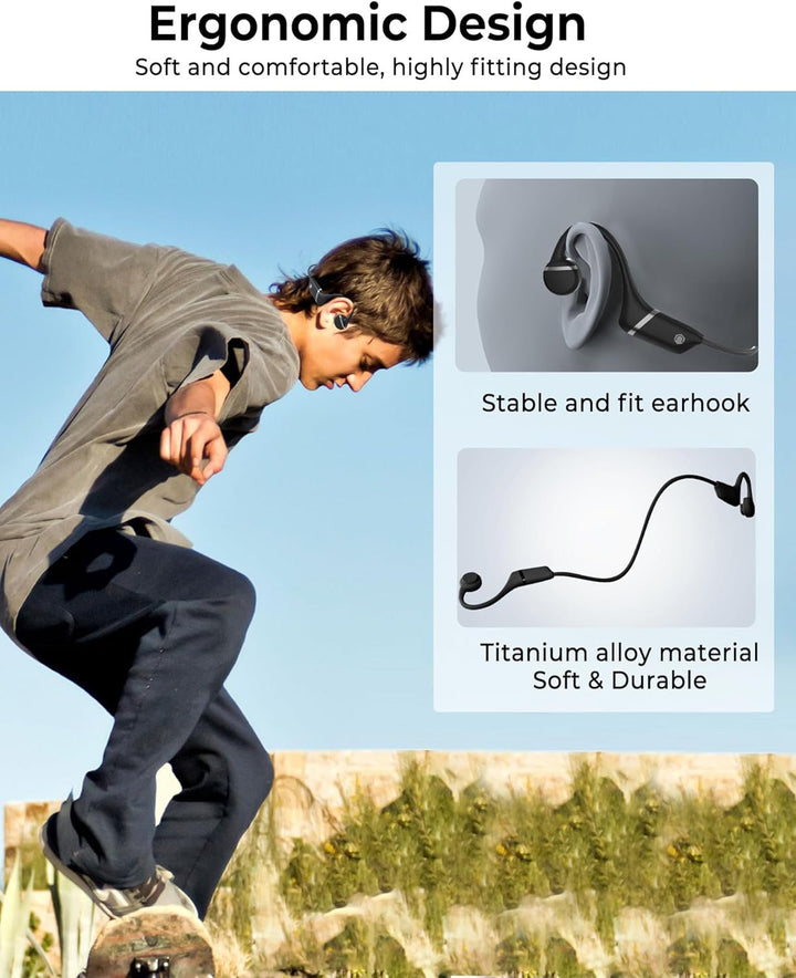 "Waterproof open-ear wireless headphones with bone conduction tech, ideal for active use, in sleek black design."