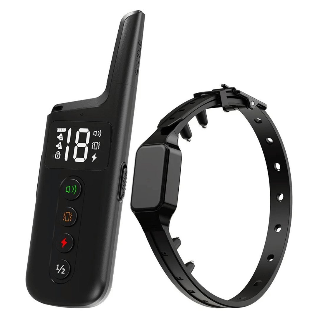 Waterproof shock dog training collar with remote, black adjustable strap, buttons for beep, vibration, safe shock modes.