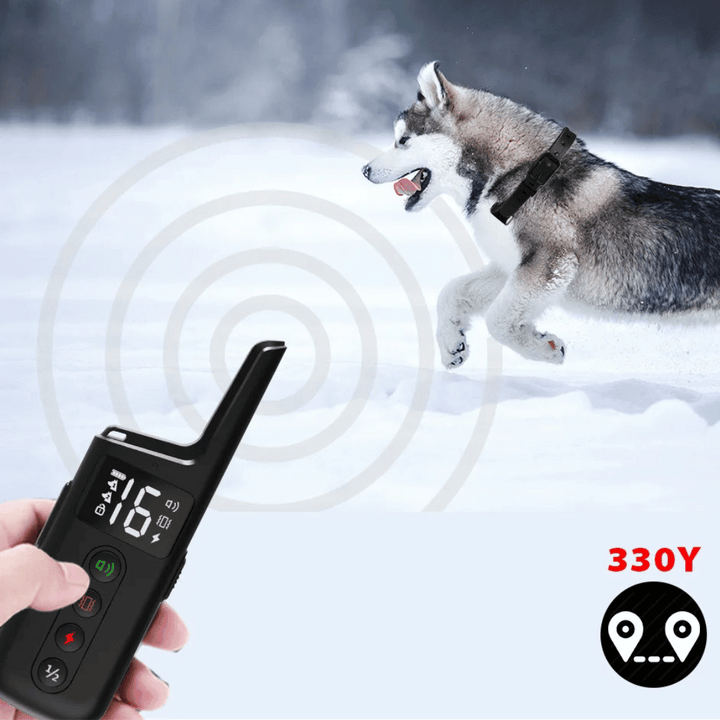 Waterproof shock dog training collar with remote, black adjustable strap, buttons for beep, vibration, safe shock modes.