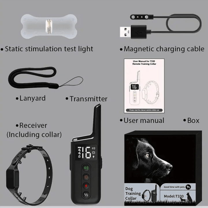 Waterproof shock dog training collar with remote, black adjustable strap, buttons for beep, vibration, safe shock modes.