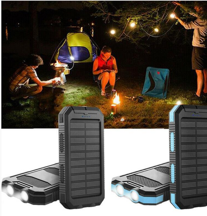 Waterproof solar charger with dual USB ports, black body, front view, ideal for outdoor tech use and mobile device charging.