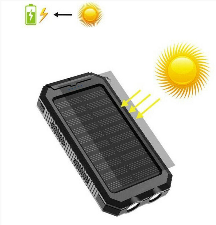 Waterproof solar charger with dual USB ports, black body, front view, ideal for outdoor tech use and mobile device charging.