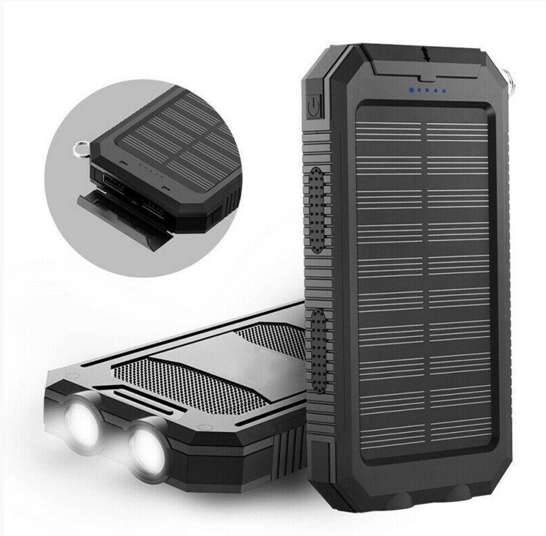 Waterproof solar charger with dual USB ports, black body, front view, ideal for outdoor tech use and mobile device charging.