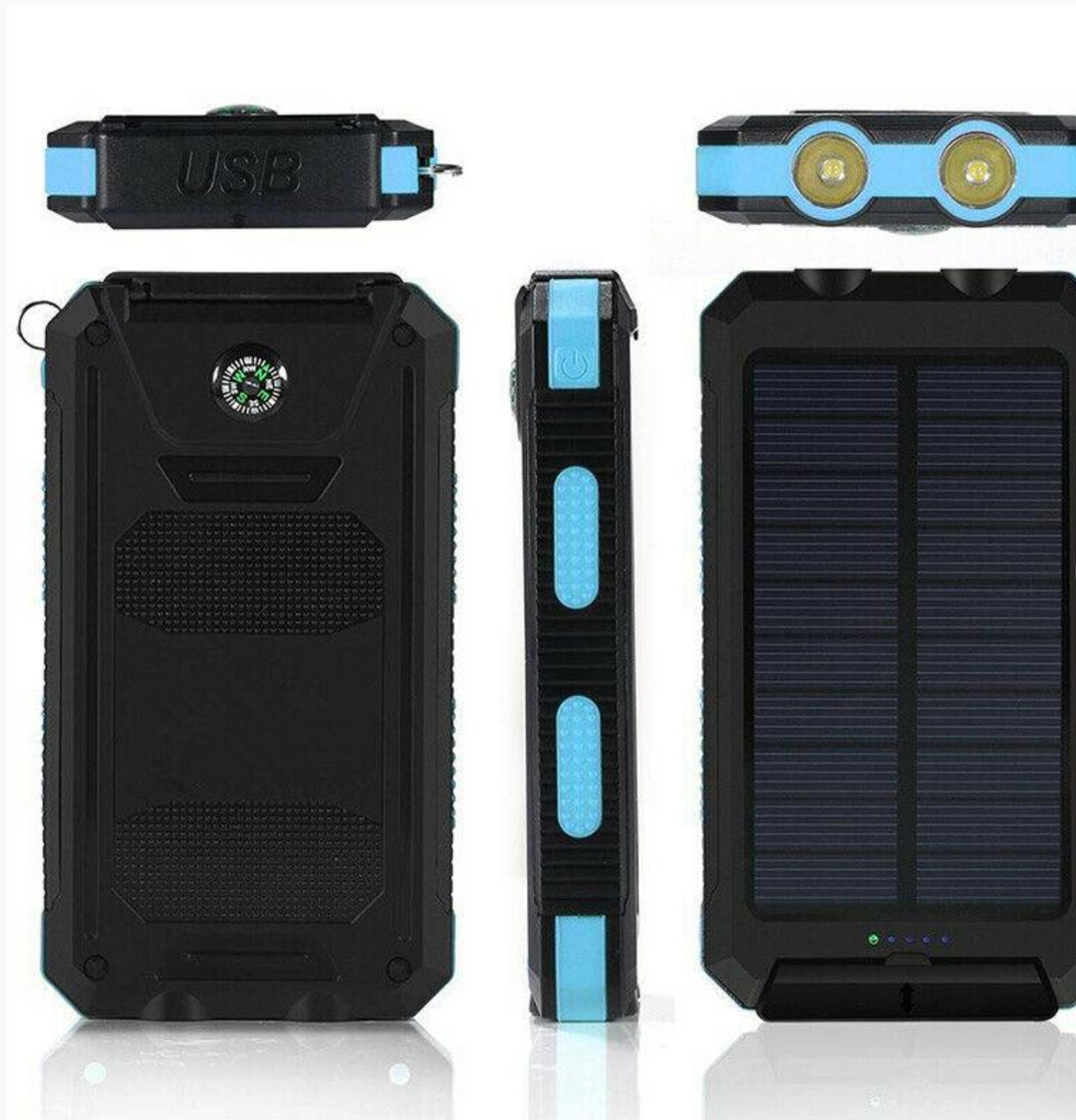 Waterproof solar charger with dual USB ports, black body, front view, ideal for outdoor tech use and mobile device charging.