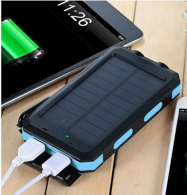 Waterproof solar charger with dual USB ports, black body, front view, ideal for outdoor tech use and mobile device charging.