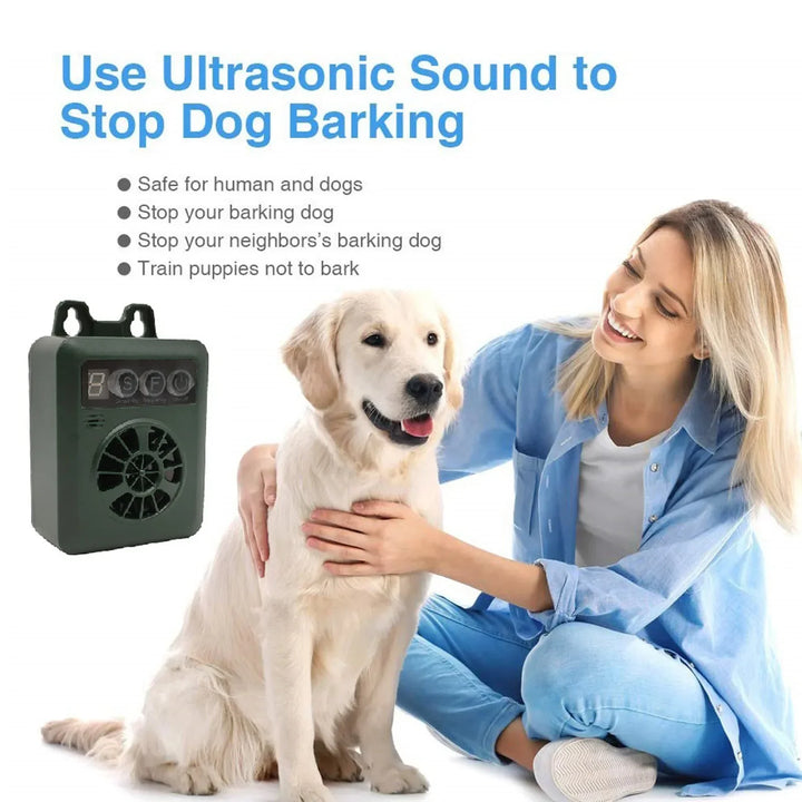 Weather-resistant outdoor ultrasonic anti-bark device; sleek design, pet-friendly; ideal for gardens; easy installation.
