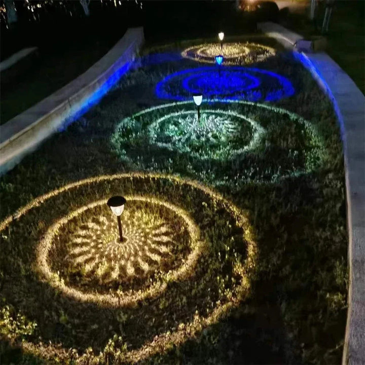 Weatherproof garden light casting intricate mandala shadows, solar-powered, LED, IP65 waterproof, enhances outdoor decor.