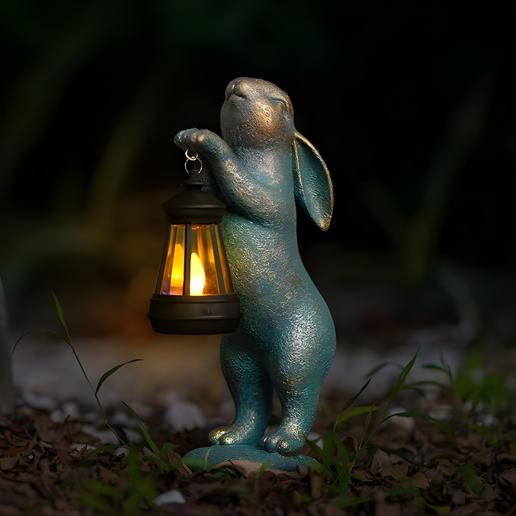 Delightful garden rabbit statue, a unique outdoor animal sculpture & patio ornament. Ideal whimsical garden gift.