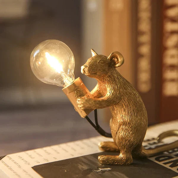 Charming SqueakLight mouse lamp. Whimsical animal accent light, a unique decorative resin table lamp.