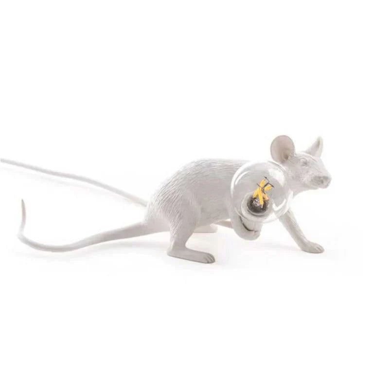 White resin SqueakLight mouse lamp, a unique decorative table light. Whimsical animal accent for home.