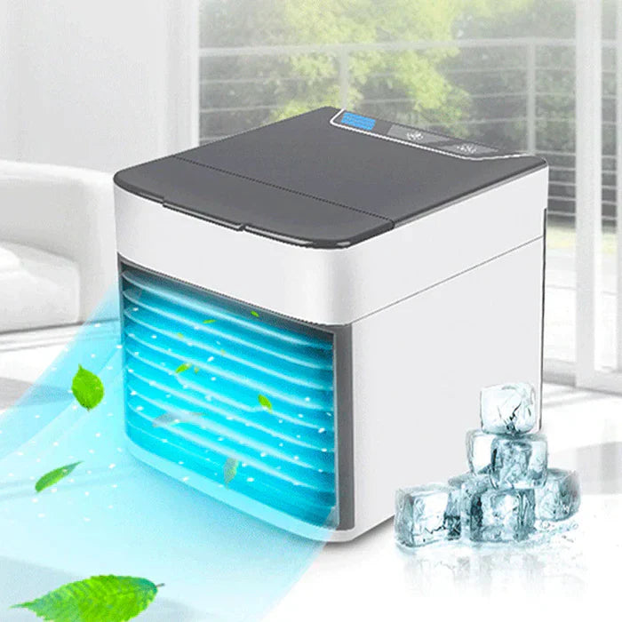 White ChillWave mini air conditioner & humidifier with LED, ideal for personal desktop cooling & comfort.