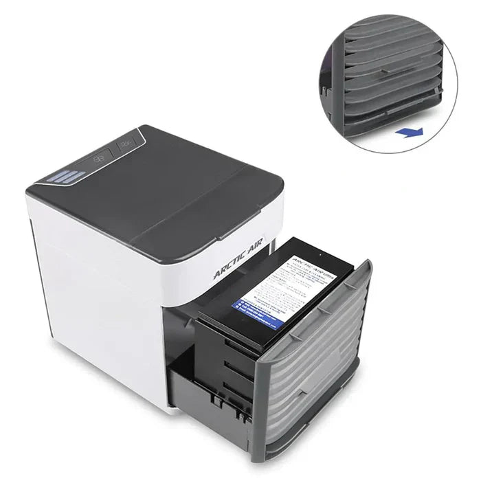 USB-powered white personal evaporative cooler with air humidifier & calming LED light for any desk.