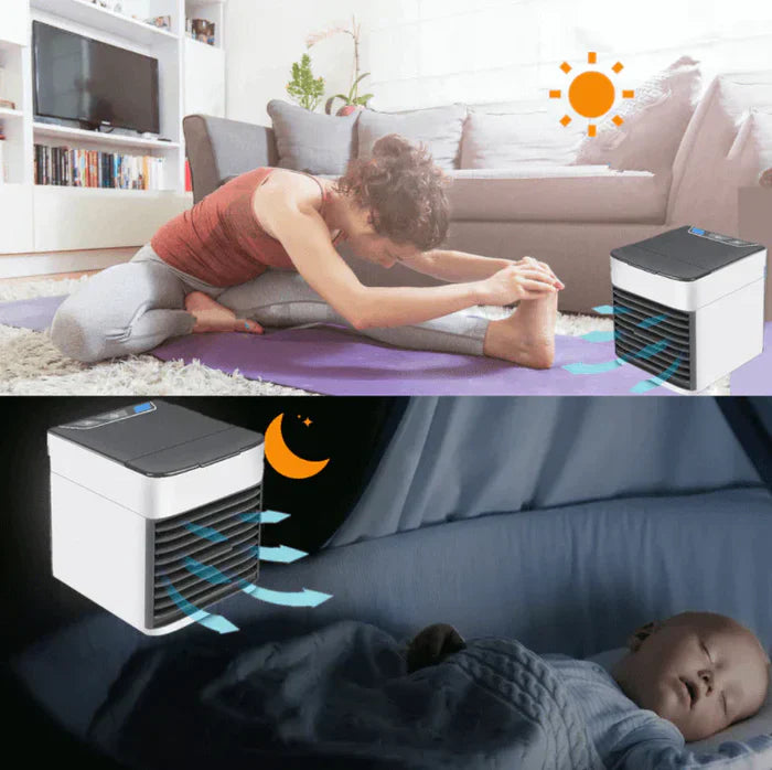 Compact desktop mini AC & humidifier, offering quiet personal cooling, air purification & ambient LED light.