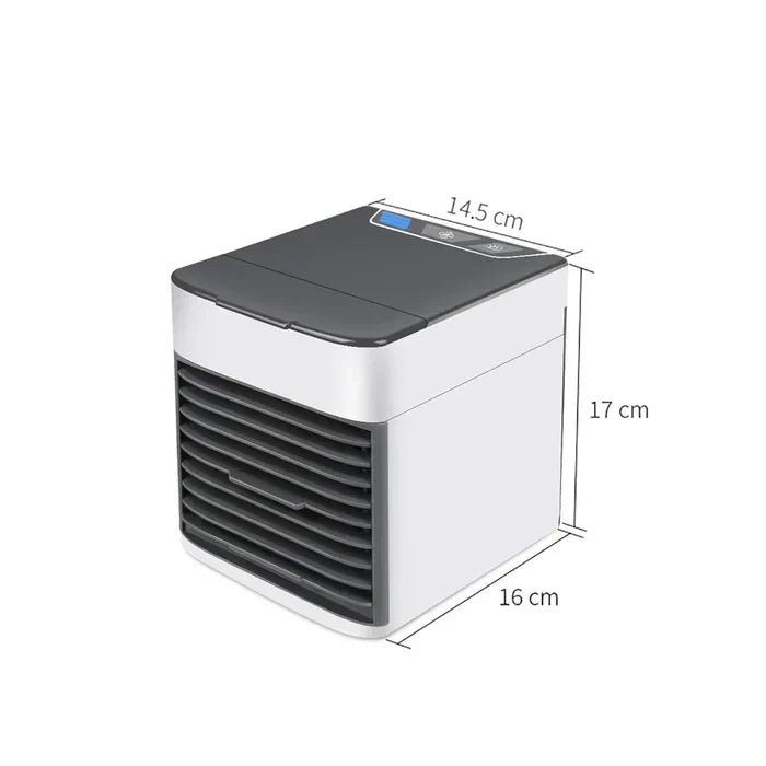 Evaporative mini air conditioner with humidifier, air purifier & built-in LED light for personal comfort.