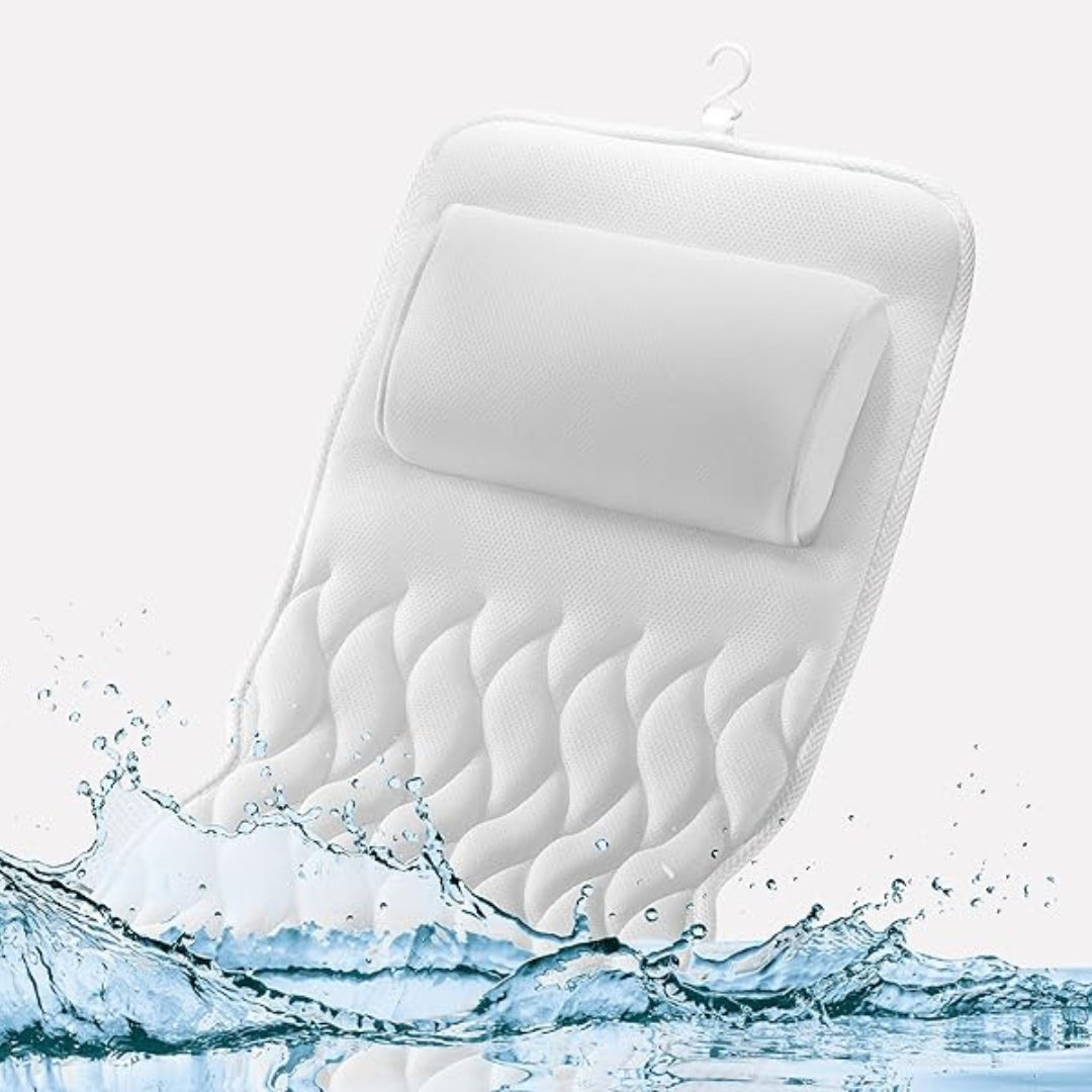 "White full body bathtub pillow with ergonomic design, offering spa comfort and support; made from breathable mesh fabric."