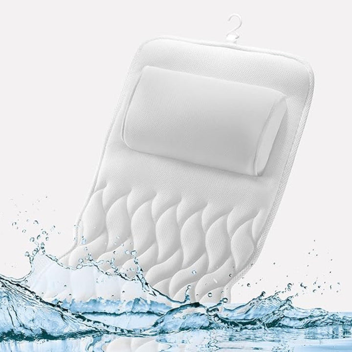 "White full body bathtub pillow with ergonomic design, offering spa comfort and support; made from breathable mesh fabric."