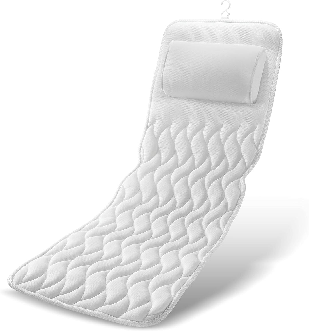 "White full body bathtub pillow with ergonomic design, offering spa comfort and support; made from breathable mesh fabric."