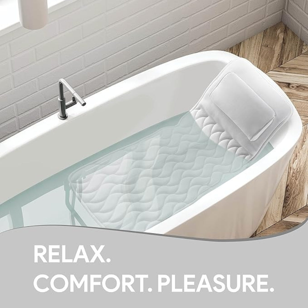 Ergonomic full body bathtub cushion in white. Breathable mesh fabric bath pillow designed for ultimate comfort & relaxation.