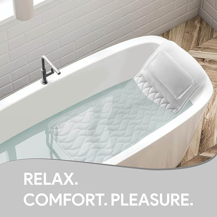 Ergonomic full body bathtub cushion in white. Breathable mesh fabric bath pillow designed for ultimate comfort & relaxation.