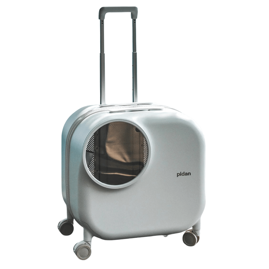 "White futuristic cat travel carrier with bubble window, ventilation, LED lighting, shock-absorbing base, and portable design