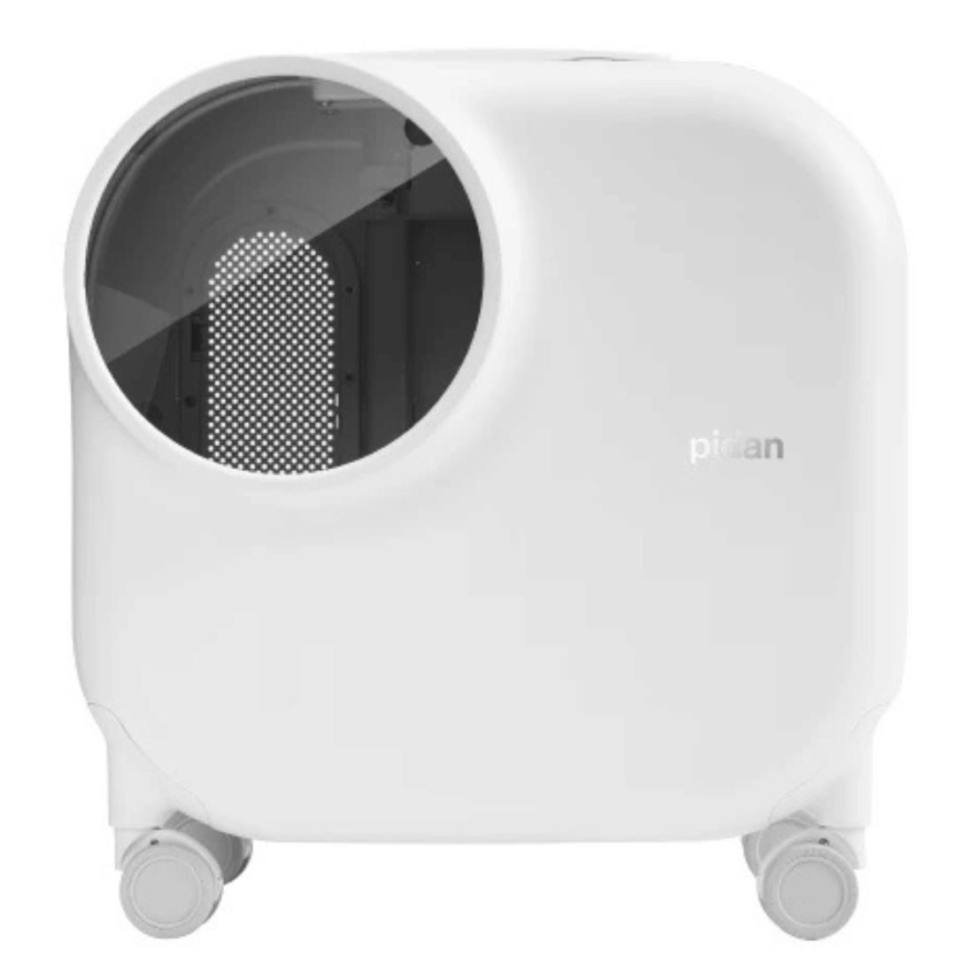 "White futuristic cat travel carrier with bubble window, ventilation, LED lighting, shock-absorbing base, and portable design