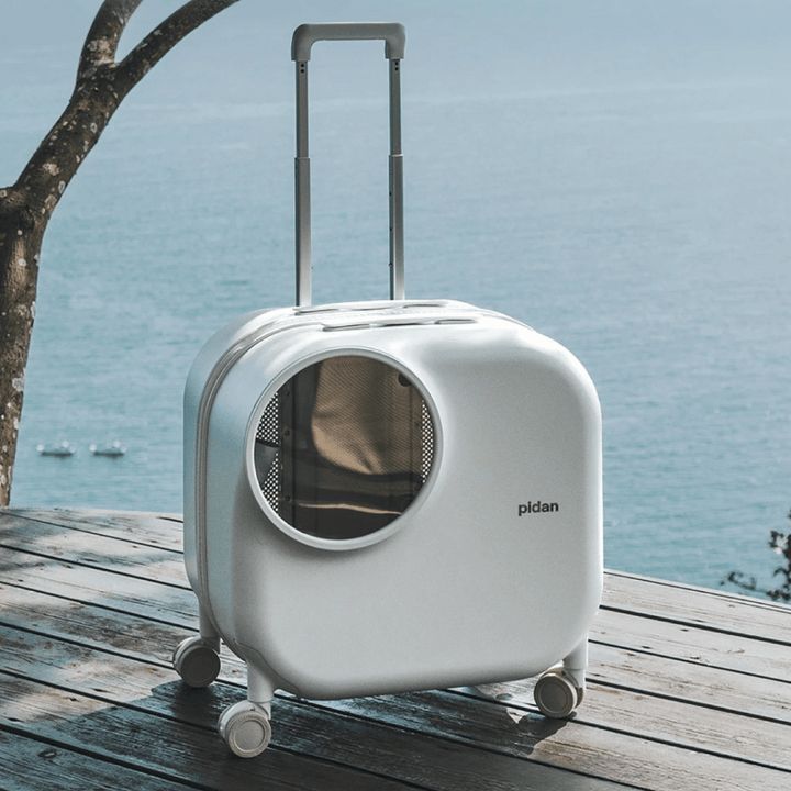 "White futuristic cat travel carrier with bubble window, ventilation, LED lighting, shock-absorbing base, and portable design