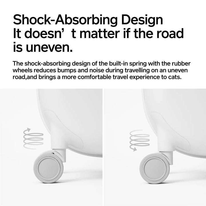 "White futuristic cat travel carrier with bubble window, ventilation, LED lighting, shock-absorbing base, and portable design