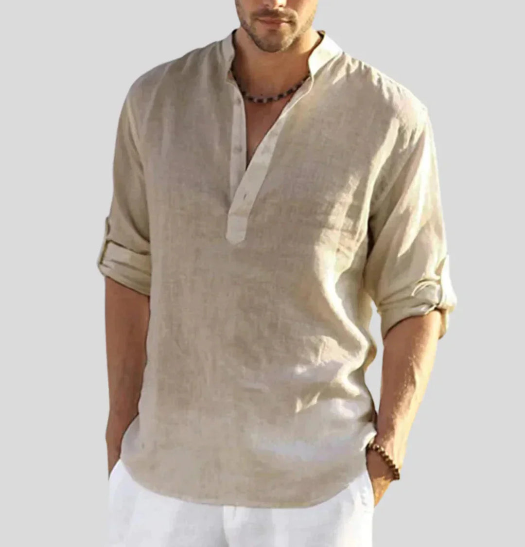 White men's lightweight cotton half-button shirt, relaxed fit. Perfect casual staple for warmer days, breathable and stylish.