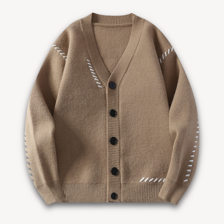 "White men's wool cardigan sweater with button-up front, ribbed cuffs, and black stitch detail for stylish winter wear."