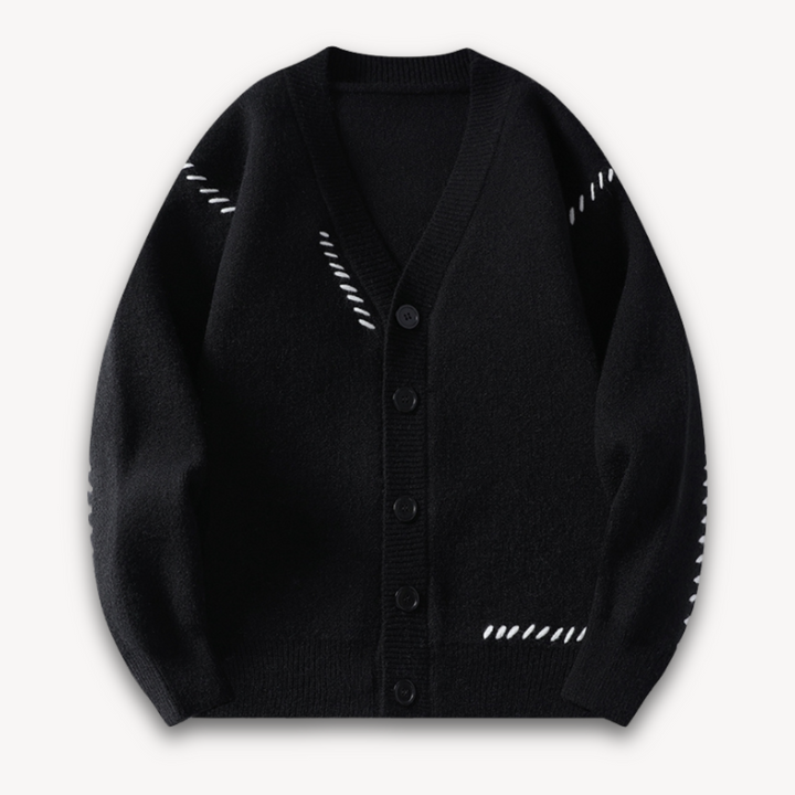 "White men's wool cardigan sweater with button-up front, ribbed cuffs, and black stitch detail for stylish winter wear."