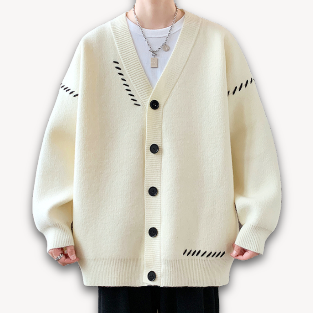 "White men's wool cardigan sweater with button-up front, ribbed cuffs, and black stitch detail for stylish winter wear."