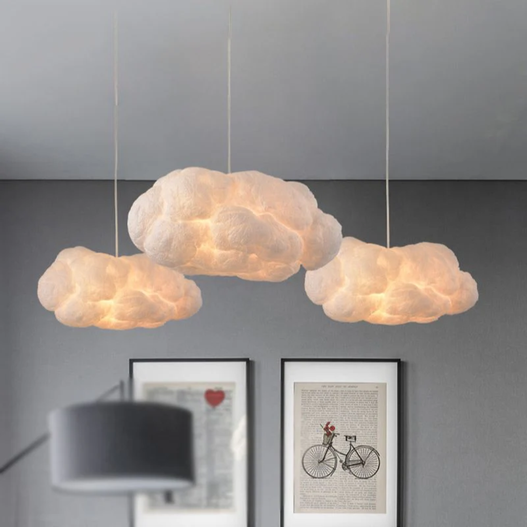 White modern cloud LED pendant light, PVC/cotton. Ideal for living room or bedroom decor.