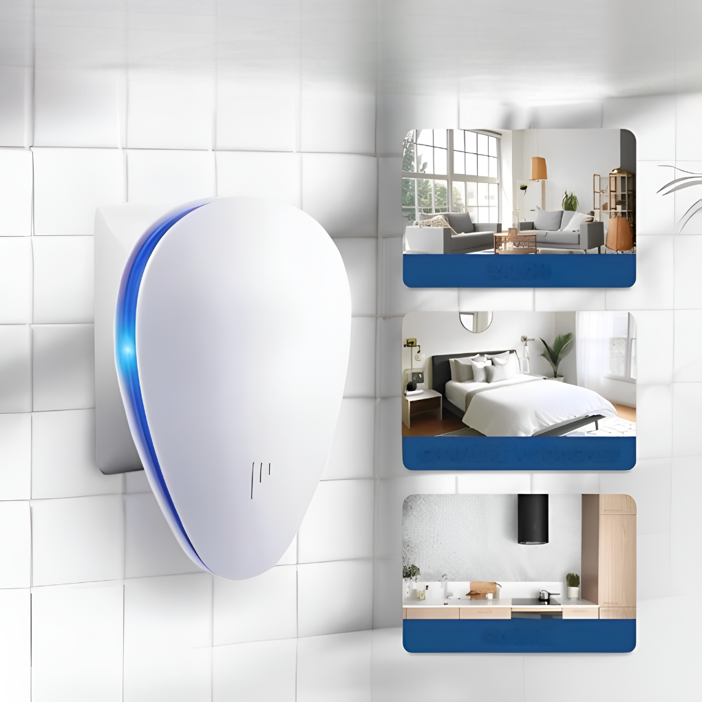 Compact electronic ultrasonic pest repeller unit providing modern home protection against rodents and various insects.
