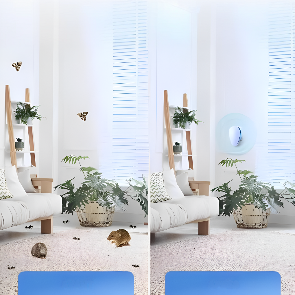Sleek home ultrasonic pest repeller device, plugging into a wall for continuous, eco-friendly insect & rodent control.