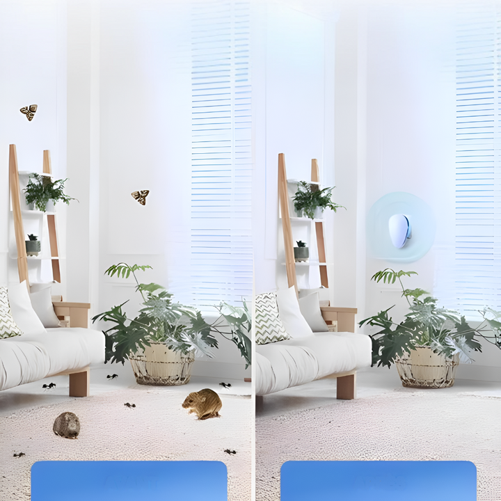 Sleek home ultrasonic pest repeller device, plugging into a wall for continuous, eco-friendly insect & rodent control.
