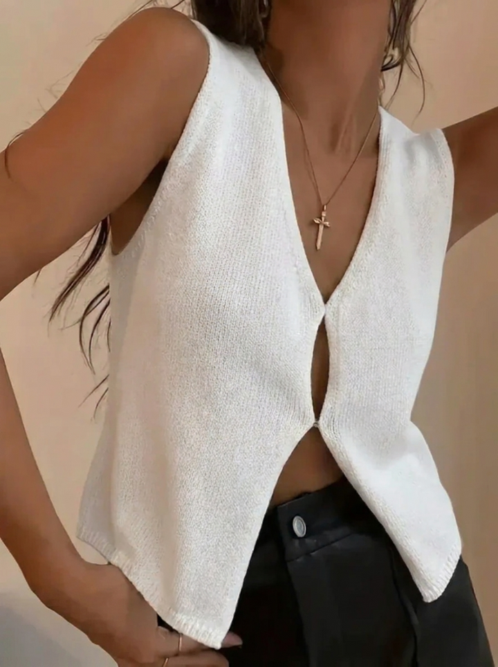 White women's deep V-neck knit vest top, sleeveless and chic, perfect for layering.