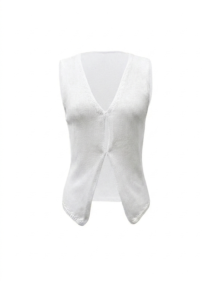 Chic white deep V-neck knit vest top, a women's sleeveless layering piece for an elegant and versatile look.
