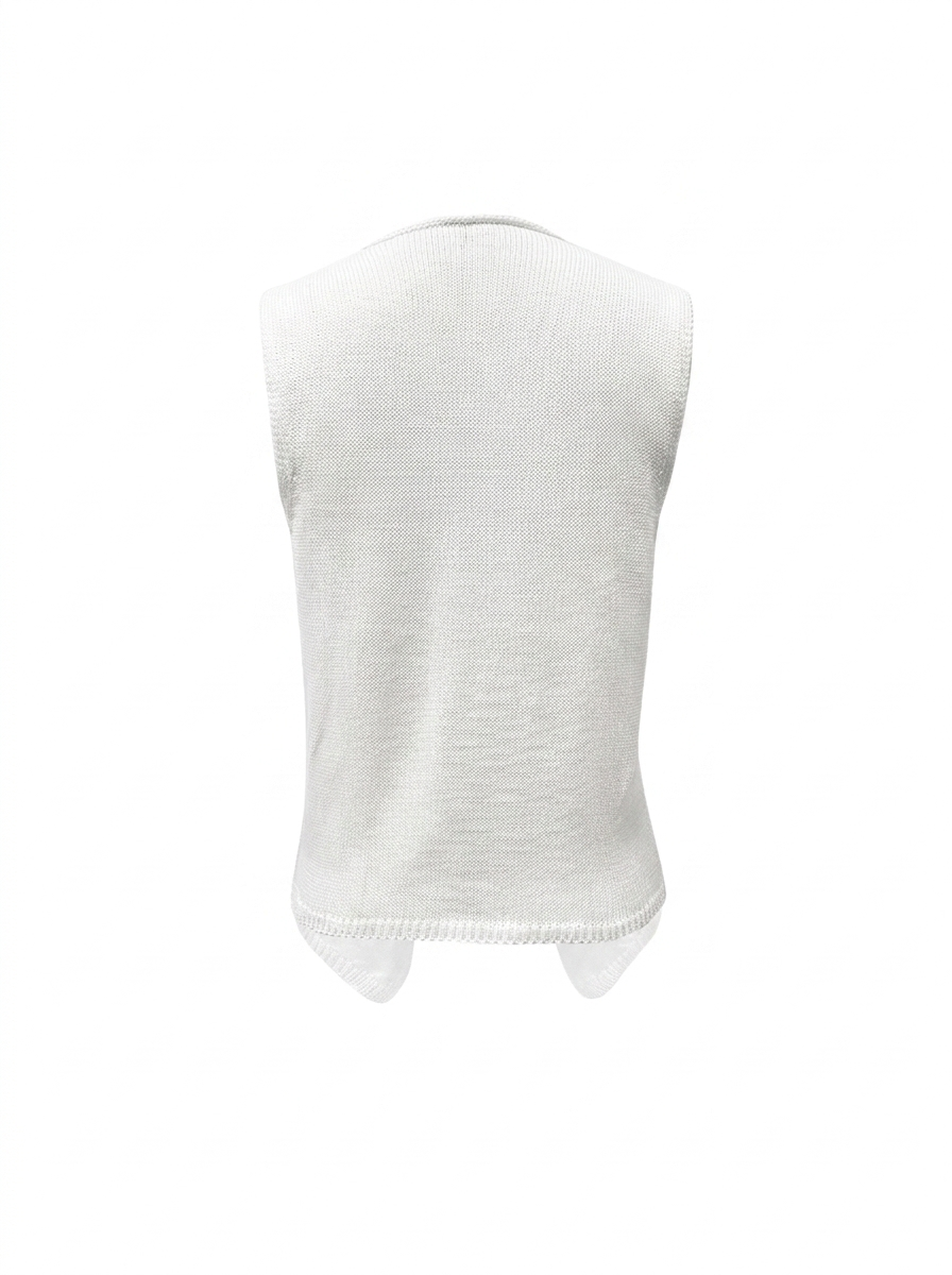 Women's white deep V-neck sleeveless knit vest top. A versatile and modern all-season layering fashion piece.