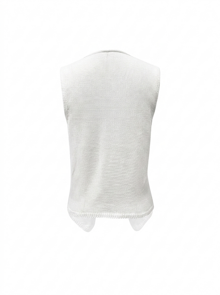 Women's white deep V-neck sleeveless knit vest top. A versatile and modern all-season layering fashion piece.