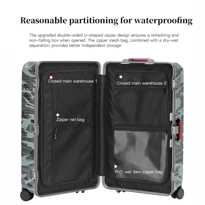 Secure wide grip hard shell travel suitcase with multi-directional spinner wheels for easy navigation.