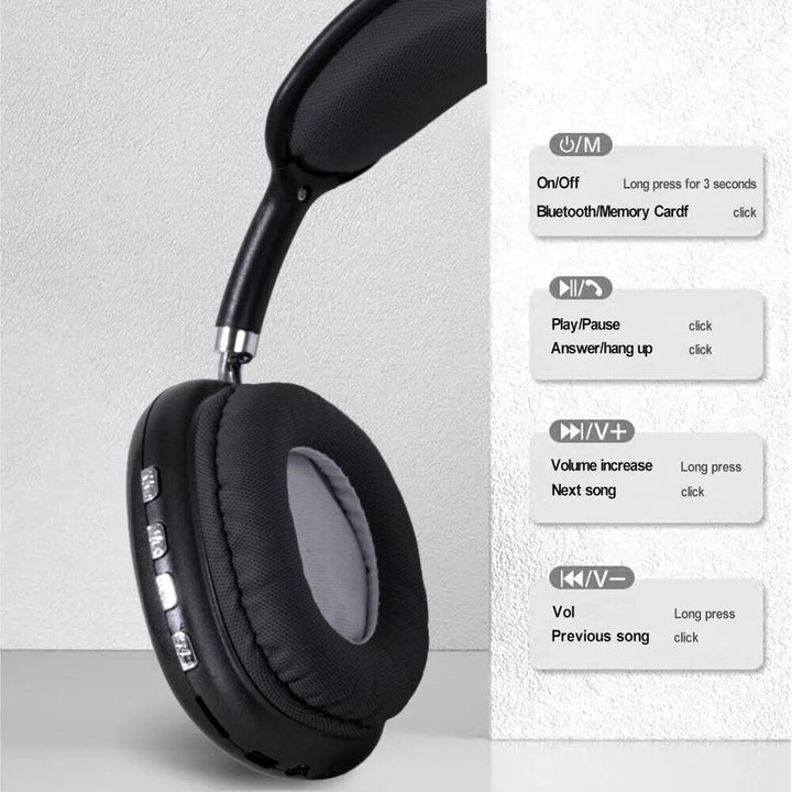 Wireless Bluetooth over-ear headphones, sleek black design, ergonomic fit, featuring noise cancellation and soft cushions.