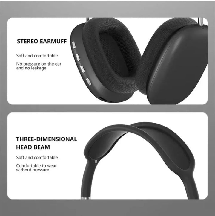 Wireless Bluetooth over-ear headphones, sleek black design, ergonomic fit, featuring noise cancellation and soft cushions.