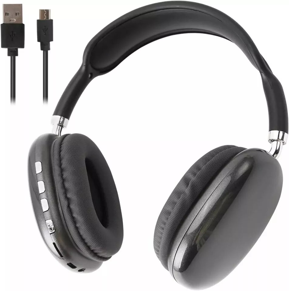 Wireless Bluetooth over-ear headphones, sleek black design, ergonomic fit, featuring noise cancellation and soft cushions.