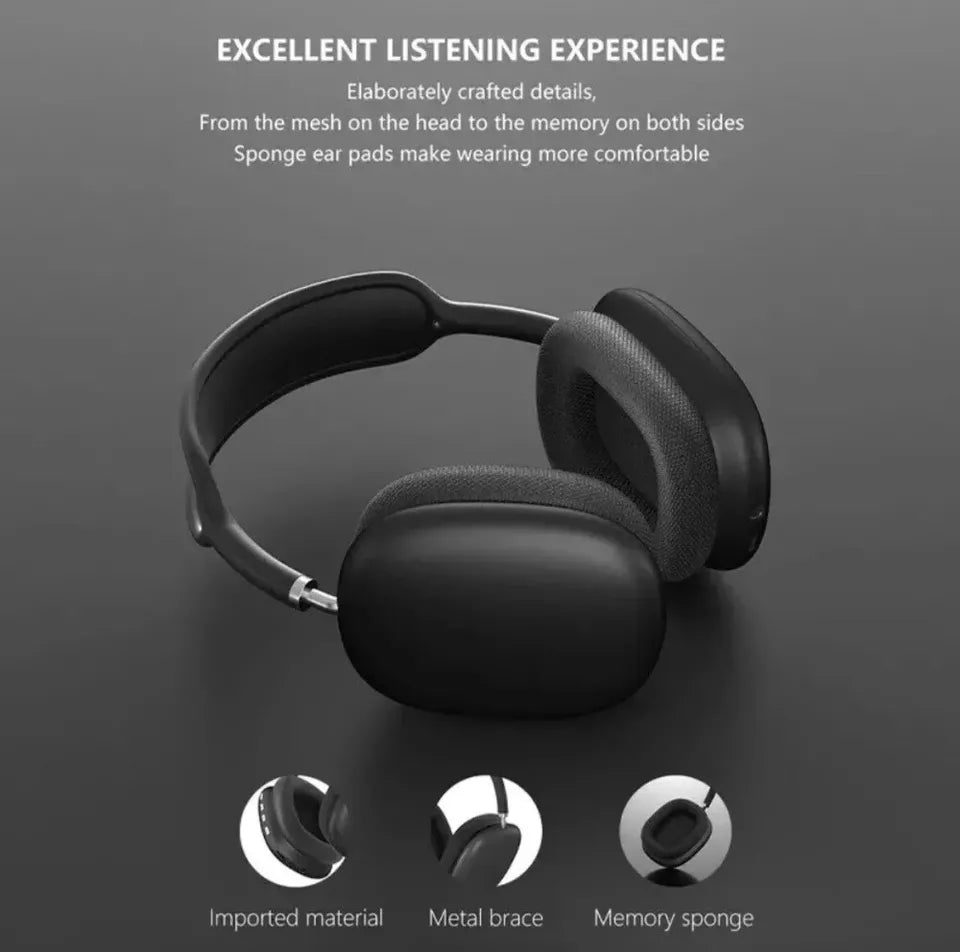 Wireless Bluetooth over-ear headphones, sleek black design, ergonomic fit, featuring noise cancellation and soft cushions.
