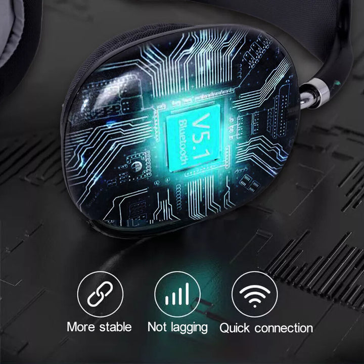 Wireless Bluetooth over-ear headphones, sleek black design, ergonomic fit, featuring noise cancellation and soft cushions.